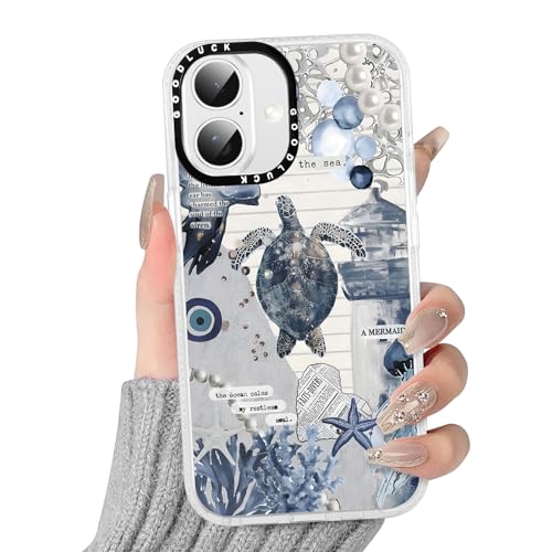 for iPhone 16 6.1'' Vintage Collage Ocean Summer Phone Case, Cute Sea Turtle Whale Shark Pearl Coastal Pattern, Slim Clear Anti-Yellowing Shockproof Protective Cover for Women Girls - color: Turtle Collage, size: iPhone 16
