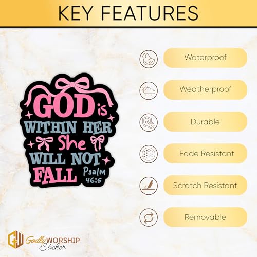 3PCs God Is Within Her She Will Not Fall Sticker Pink Bow Christian Bible Verse Sticker Religious Jesus Scripture Waterproof Vinyl Stickers For Laptop Water Bottle Decals Gifts For Adults Kids 3"x2.6"