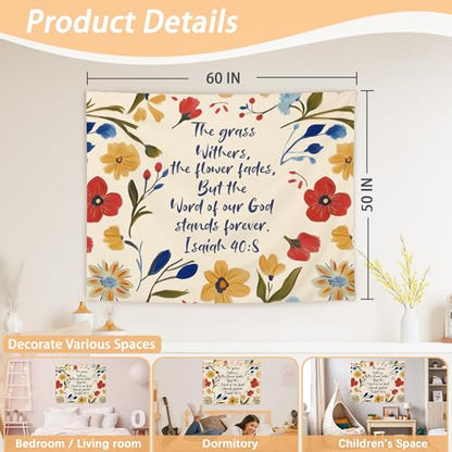 OHDCE Boho Floral Christian Tapestry Wall Hanging, Isaiah 40:8 Wildflower Religious Bible Verse Blanket Tapestries Wall Decoration for Bedroom Home Prayer Room Church, 50x60 Inch