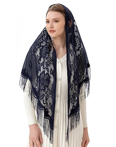 PAMOR Triangle Catholic Church Veil Chapel Veil Scarf Mantilla Veils Wrap Shawl Mass Head Covering with Fringe Trim - color: Navy Blue
