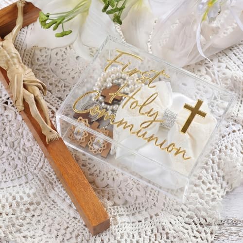 First Communion Keepsake Box Acrylic Baptism Memory Gift Box for Boy Girl Catholic Religious First Holy Communion Prayer Storage Gift for Rosary Jewelry Memento Photo, 8 x 5.5 x 2.36 Inch