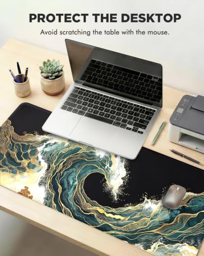 Mouse Pad, Desk Mat, 31.5x11.8in Large Mousepad, Blue Gold Waves - color: Blue Gold Waves