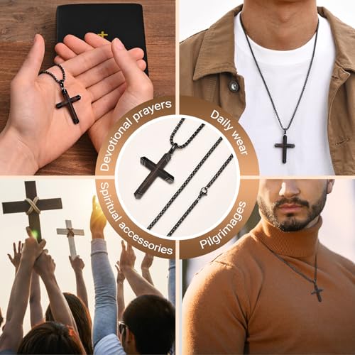 FLHEART Wooden Cross Bible Verse Necklace for Men, Hawaiian Handmade Real Black Ebony Wood Cross Pendant Stainless Steel Chain, Mens Cross Necklaces Koa Wood Jewelry Christian Baptism Easter Gifts - style: Joshua 1:9 - 1pc