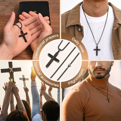 FLHEART Wooden Cross Bible Verse Necklace for Men, Hawaiian Handmade Real Black Ebony Wood Cross Pendant Stainless Steel Chain, Mens Cross Necklaces Koa Wood Jewelry Christian Baptism Easter Gifts - style: Philippians 4:13 - 1pc