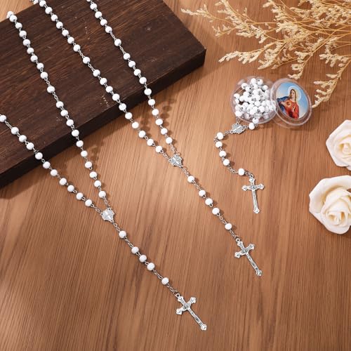 24 Pcs Red/White Rosary Beads Bulk, Jesus Cross Rosarios Catolicos, Virgen De Guadalupe Wooden Beads Rosary Necklace with Box, Catholic Gifts Funeral Baptism Favors First Communion Favors for Guests - color: White