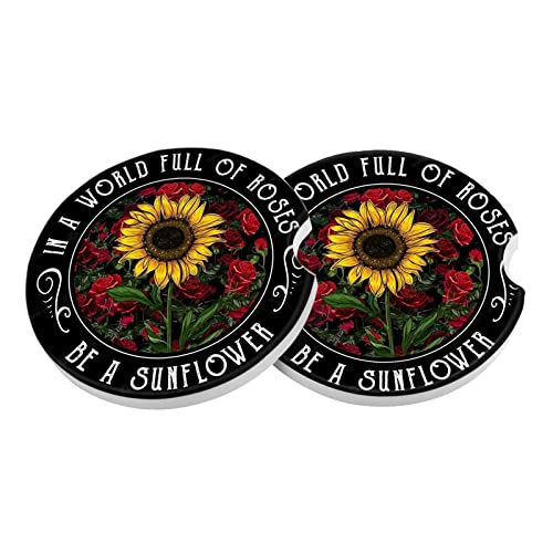 Car Coasters 2 Pack, Small 2.56" Stone Car Cupholder Absorbent Coaster Set for Women Men Drink Cup Holder Coasters (Sunflower&Roses) - color: Sunflower&roses