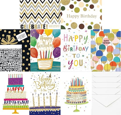 8 Individually Wrapped Birthday Cards Assortment with Envelopes/Stickers. For Women, Men, Kids. Large 5”x7”, Blank Inside. Adorned with Gold Glitter and Embossed Gold Foil. (8 birthday cards)