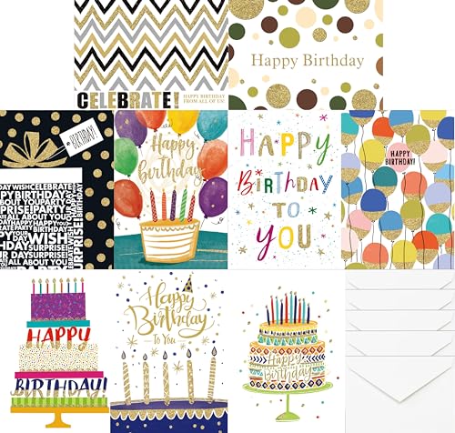 8 Individually Wrapped Birthday Cards Assortment with Envelopes/Stickers. For Women, Men, Kids. Large 5”x7”, Blank Inside. Adorned with Gold Glitter and Embossed Gold Foil. (8 birthday cards)
