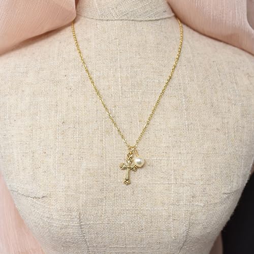 Little Girls Gold Cross Necklace with Crystal Pearl | 14" Plus 2" Extender Chain | Gift for Goddaughter | Baptism Jewelry | First Communion Gift