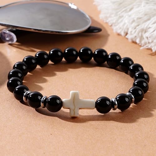 Cross Birthstone Gemstone Beaded Stretch Protection Bracelet for Man Woman, Handmade Healing Stone Chakra Beads Elastic Bracelets Accessories Fashion Jewelry Gift. - color: Black Obsidian