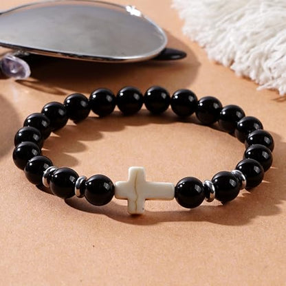 Cross Birthstone Gemstone Beaded Stretch Protection Bracelet for Man Woman, Handmade Healing Stone Chakra Beads Elastic Bracelets Accessories Fashion Jewelry Gift. - color: Black Obsidian