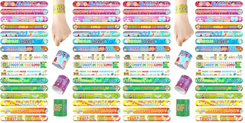 POPLAY 48PCS Christian Slap Bracelets, Snap Wristbands Bible Verses Religious Snap Bracelets for Kids Sunday School Gifts Classroom Prizes (Pack of 2) - size: 8.6 inches (Pack of 2)