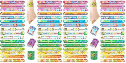 POPLAY 48PCS Christian Slap Bracelets, Snap Wristbands Bible Verses Religious Snap Bracelets for Kids Sunday School Gifts Classroom Prizes (Pack of 2) - size: 8.6 inches (Pack of 2)