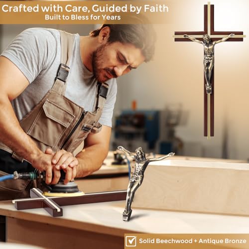 ACHIBANG Crucifix Wall Cross, 10 Inch Wooden Catholic Jesus Home Decor - color: Brown + Antique Brass