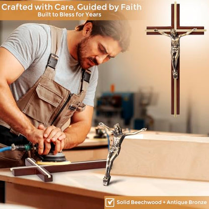 ACHIBANG Crucifix Wall Cross, 10 Inch Wooden Catholic Jesus Home Decor - color: Brown + Antique Brass
