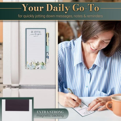 Christian Art Gifts Magnetic Notepad & Pen Set for Women, Be Joyful in Hope - color: Blue & White Floral/Be Joyful