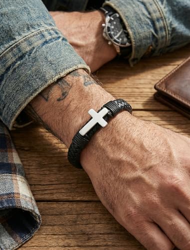 Mens Leather Cross Bracelet Braided Multi Layer Wristband with Stainless Steel Clasp - Christian Religious Gifts for Him(Brown/Black/Blue) - color: Black-2, size: 8.3in(Fits most wrists)