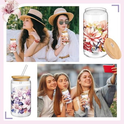 Mumufy 4 Pack Bloom Floral Glass Cup, 16 oz Tumbler Mug with Bamboo Lid - style: Bloom Floral
