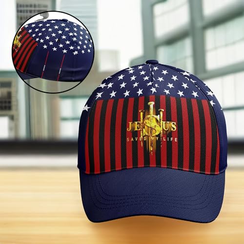 American Flag Christian Trucker Hat for Men Women, Adjustable Snapback Baseball Cap USA Pride Hat Religious Gifts - color: Blue Red Gold Jesus