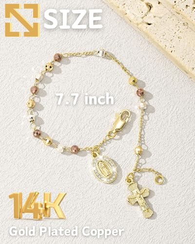 J&H DiaJuvelo Catholic Rosary Bracelet for Women 14K Gold Virgin Mary Rosarios Jesus Cross Charm Link Chain Virgen de Guadalupe Religious Jewelry Gifts for Confirmation Baptism First Communion - style: Gold Rosary C