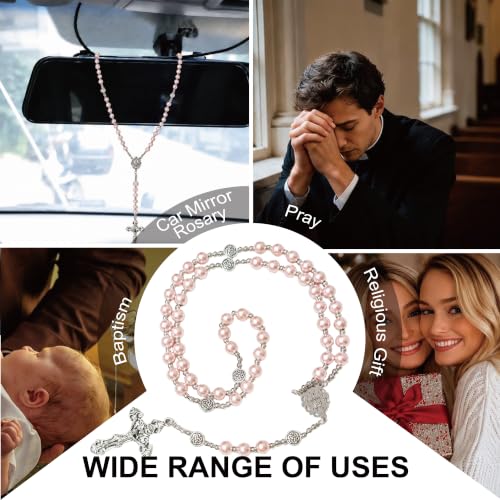 8mm Glass Pearl Rosary - Catholic Necklace for Men and Women Comes in a Metal Gift Box, First Communion Rosary Necklace as Gifts - color: Pink