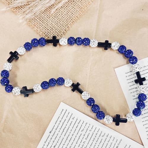 Baseball Bead Cross Necklace for Boys Kids, Elastic Rhinestone Bling Necklace Drip Gifts for Teens Players - color: Black Cross/Navy Blue/White