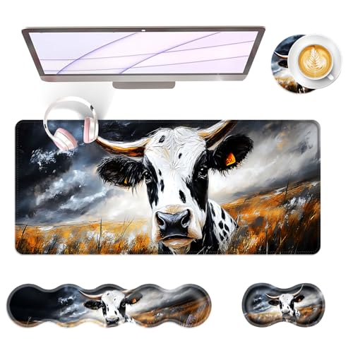 Large Keyboard Mouse Pad Set, Extended Mouse Pad+Keyboard Wrist Rest Support, Memory Foam Ergonomic Easy Typing, 4Pcs (31.5×11.8 in) Desk Pad Set for Office Home,Cute Cow - color: Cute Cow