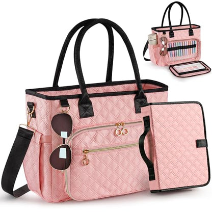 Large Bible Bag with Bible Cover Case for Women Quilted Church Tote Bags for Bible Study, Adjustable Shoulder Strap - color: Pink
