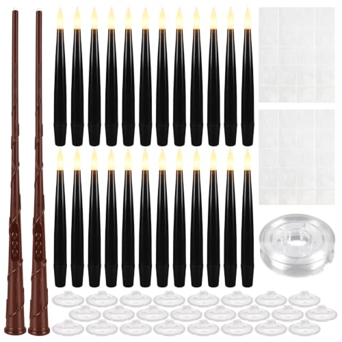 24 Pack Black Flameless Floating Candles with Wand Remote, Magic LED Hanging Taper Candles, Flickering Battery Operated Suspended Candlesticks for Halloween Decor, Gothic Wedding, Spooky Party & Haunt - color: 24-Black magic floating