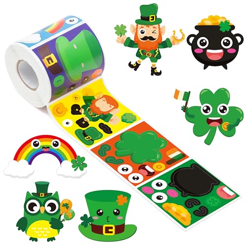 Haooryx St.Patrock’s Day DIY Stickers - 300 Pcs St.Patrock’s Day Make Your Own Shamrock Leprechaun Green Hat Waterproof Vinyl Reusable Laptop Sticker Roll Scrapbook Water Bottle Page Activity Pad - style: St.Patrock's Day 1Roll