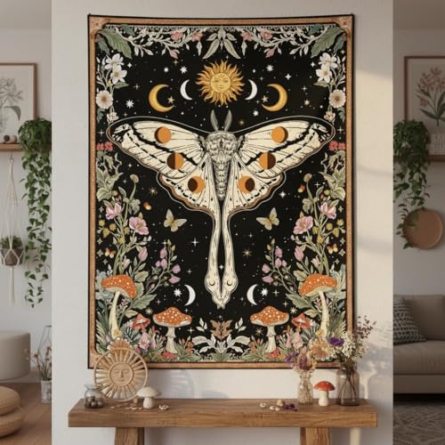 Aipon Boho Moth Tapestry Vintage Floral Flowers Tapestries Aesthetic Retro Mushroom Tapestries for Bedroom Sun and Moon Indie Small Tapestry Wall Hanging for Living Room Dorm 48 x 36 Inch - color: Black Mushroom Moth, size: 48"L x 36"W
