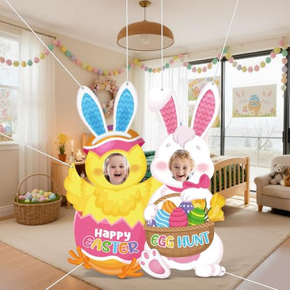 WovWeave Easter Decorations Face Hole Banner Large Polyester Backdrop for Egg Hunt Party Supplies Funny Spring Holiday Photo Prop with Grommets Washable Hanging Wall Background for Family Guests - style: Easter