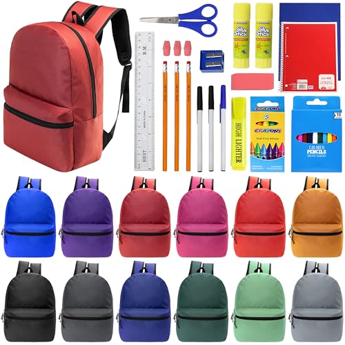 Moda West 12 Pack 17" Bulk Wholesale Backpacks with 34 Piece School Supplies Kits, 12 Colors - color: 12 Colors Asst, size: 34 Piece SS Kit