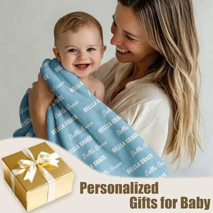 Ships Next Day, Personalized Baby Blanket with Name - Custom Newborn Hospital Swaddle Blanket, Super Soft Plush Flannel Baby Gift for Birth Announcement Shower Easter Gifts for Toddler Kids - color: Light Blue 2