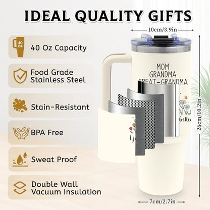40oz Mom Tumbler Gifts for Grandma, Water Bottle with Handle & Straw - color: Grandma-White