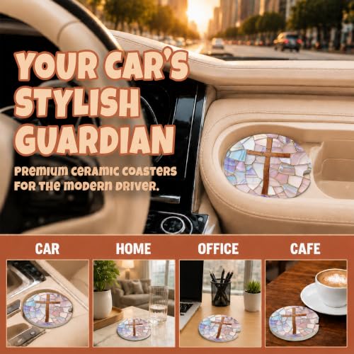 Christian Cross Stained Glass Car Coasters, Religious Faith Cup Holders, 25 - color: Christian Cross
