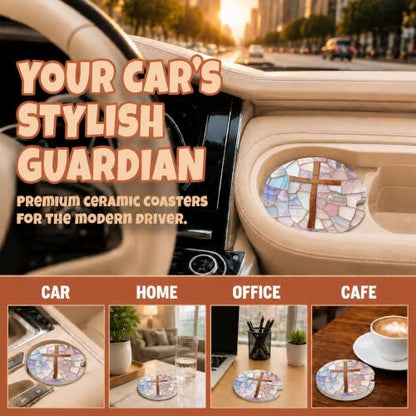 Christian Cross Stained Glass Car Coasters, Religious Faith Cup Holders, 25 - color: Christian Cross