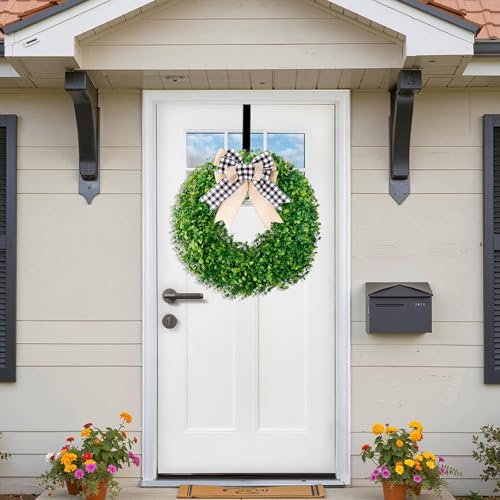24 inch Boxwood Wreaths for Front Door with Burlap Bow and Hook