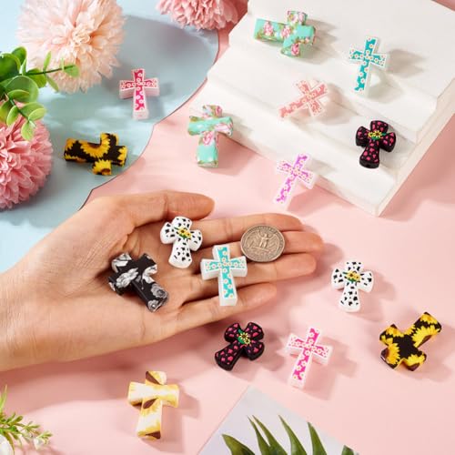 Beadthoven 20Pcs Cross Silicone Focal Beads Cow Flower Printed Silicone Beads for Pens Colorful Easter Jesus Crucifix Cross Shaped Rubber Spacers for Keychain Jewelry Making DIY Crafts - color: Mix Cross 10 Styles