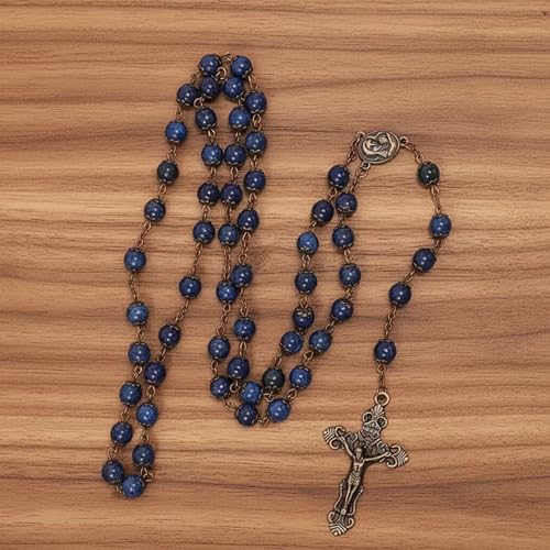 Nazareth Store Natural Stone Beads 8mm Rosary Necklace Antique Copper Design Holy Soil Medal & Cross in Velvet Bag - Catholic Rosaries Terra Santa Jerusalem Collection - color: Lapis Lazuli