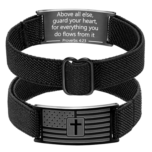 Easter Basket Stuffers - American Flag Cross Bracelet for Boys Men Freedom Adjustable Strap Christian Bracelets Engraved Bible Verses Inspirational Messages Religious Prayer Jewelry Gift Military Patriotic Wristbands - color: Black, size: Proverbs 4:23