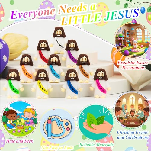 50 Pack Little Jesus Figures Easter Mini Rubber Toys to Hide and Seek, Pocket Jesus Love You Miniatures Religious Party Favors Baptism Gifts Sunday School Easter Egg Stuffers - color: 10-color *50