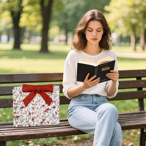 Bible Cover Case for Women,Large Bible Tote Bags for Women Organizer Quilted Bible Carrying Case(new) (Red Flowers)
