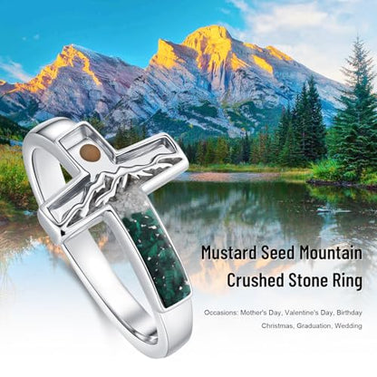 Mustard Seed Ring 925 Sterling Silver Turquoise/Opal/Malachite/Abalone Mountain Cross Ring Jewelry Gift for for Women Girlfriend - style: Malachite&Turquoise