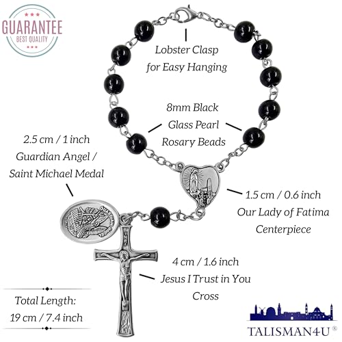 TALISMAN4U St. Michael Guardian Angel Medal Rosary for Car Rearview Mirror - color: Black Rosary Beads