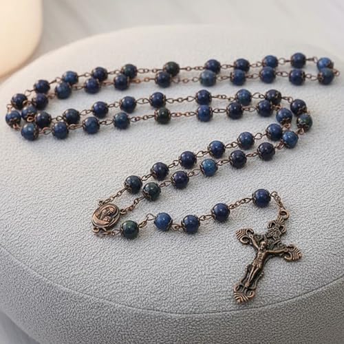 Nazareth Store Natural Stone Beads 8mm Rosary Necklace Antique Copper Design Holy Soil Medal & Cross in Velvet Bag - Catholic Rosaries Terra Santa Jerusalem Collection - color: Lapis Lazuli