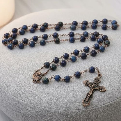 Nazareth Store Natural Stone Beads 8mm Rosary Necklace Antique Copper Design Holy Soil Medal & Cross in Velvet Bag - Catholic Rosaries Terra Santa Jerusalem Collection - color: Lapis Lazuli