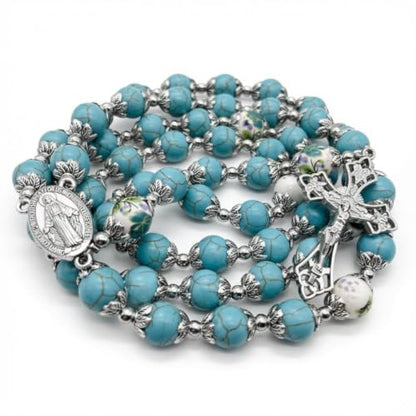 Nazareth Store Catholic Turquoise Marble Beads Rosary Flowers Beaded Necklace Miraculous Medal Cross Crucifix Silver Tone Rosaries in Velvet Bag