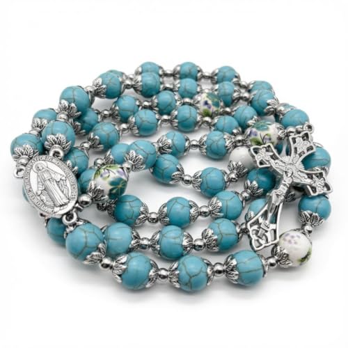 Nazareth Store Catholic Turquoise Marble Beads Rosary Flowers Beaded Necklace Miraculous Medal Cross Crucifix Silver Tone Rosaries in Velvet Bag