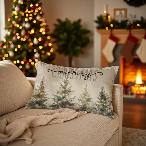 Rustic Merry Christmas Tree Pillow Covers, Farmhouse Christmas Decor, Xmas Tree Forest Winter Holiday Lumbar Pillow Covers for Home Living Room Bedroom Sofa Couch,20x12 Inch,BB117 - color: 27 Color